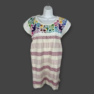 Cream Embroidered Floral Bird Colorful Cotton Boho Festival Dress Size 4 XS